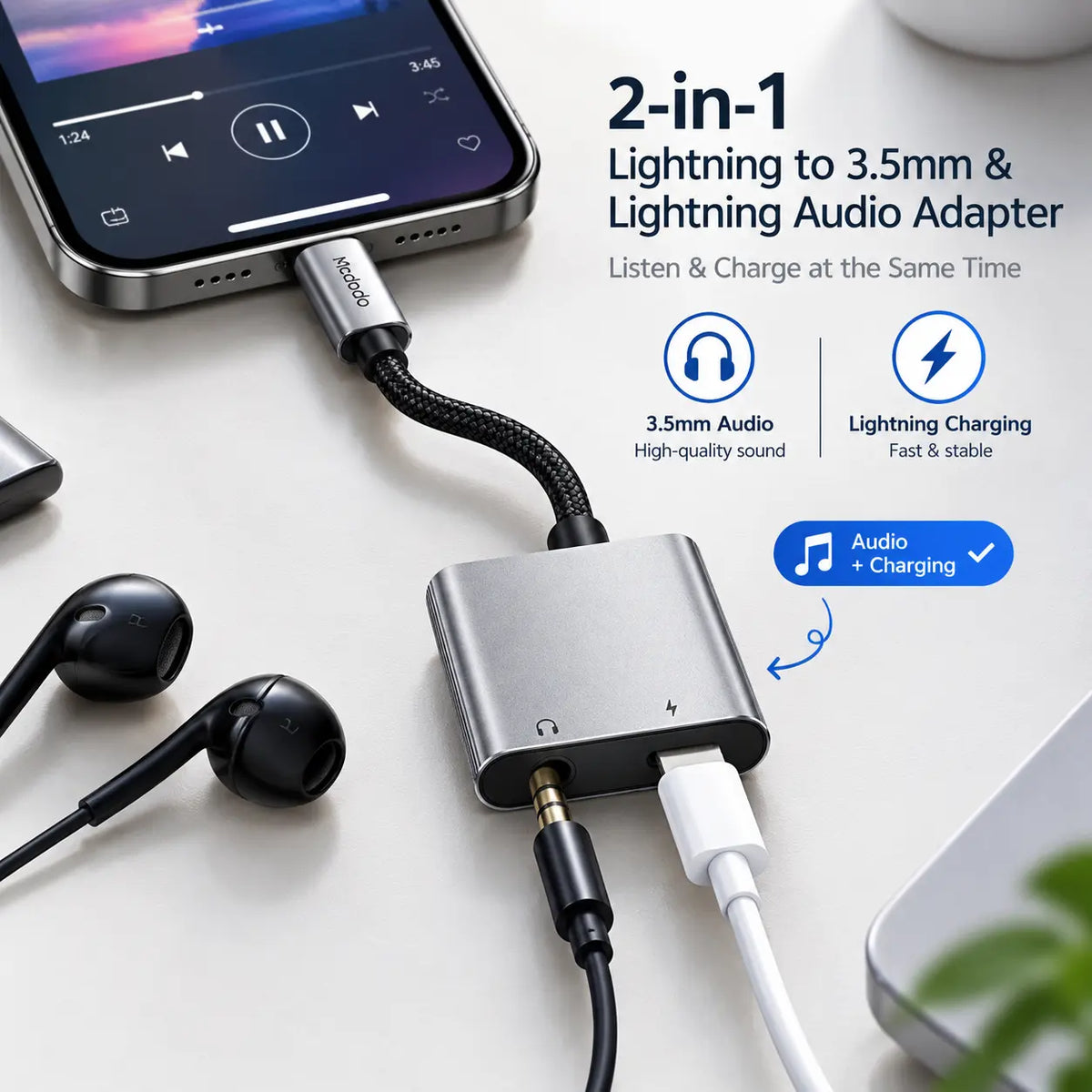 McDoDo CA-554 2-in-1 Lightning Audio Adapter – Charge & Listen Simultaneously