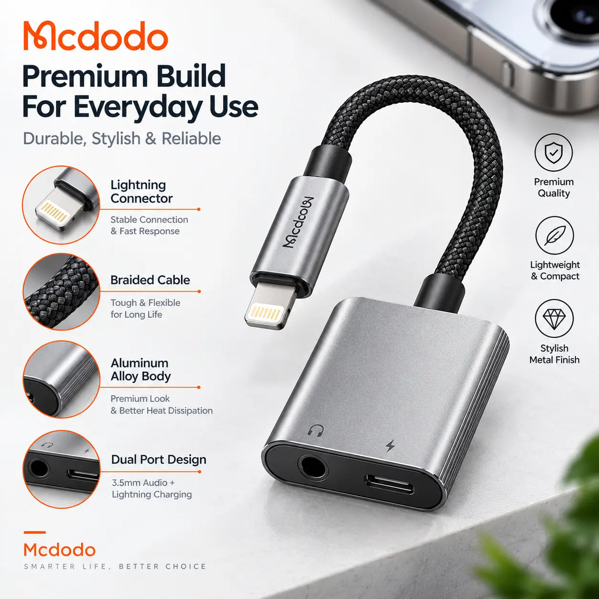 McDoDo CA-554 2-in-1 Lightning Audio Adapter – Charge & Listen Simultaneously