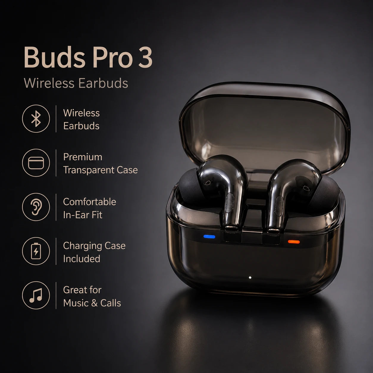 Buds Pro 3 Wireless Earbuds – Transparent Charging Case