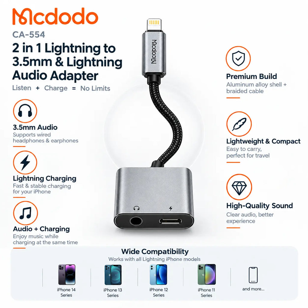 McDoDo CA-554 2-in-1 Lightning Audio Adapter – Charge & Listen Simultaneously