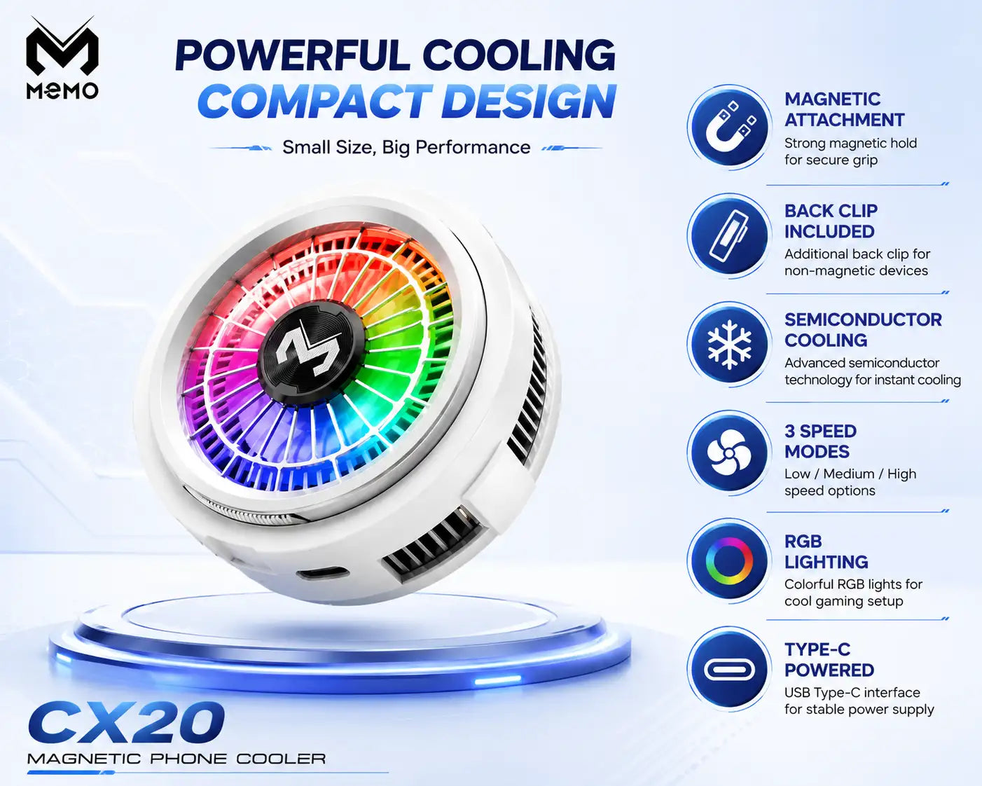 MEMO CX20 Magnetic Phone Cooler RGB – Semiconductor Mobile Cooling Fan for PUBG, Gaming & Fast Charging